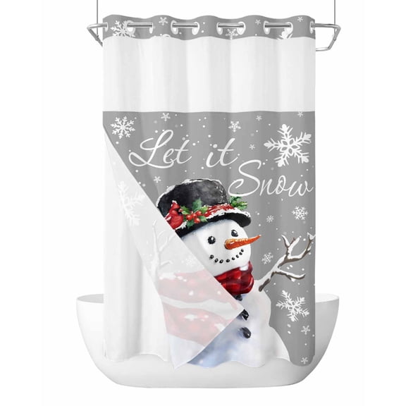 No Hook Shower Curtain with Snap in Liner,Christmas Snowman Snowflake on Grey Waterproof Bath Curtain Double Layers with See Through Top Window, Xmas Red Buffalo Plaid Hotel Shower Curtains 36x72in