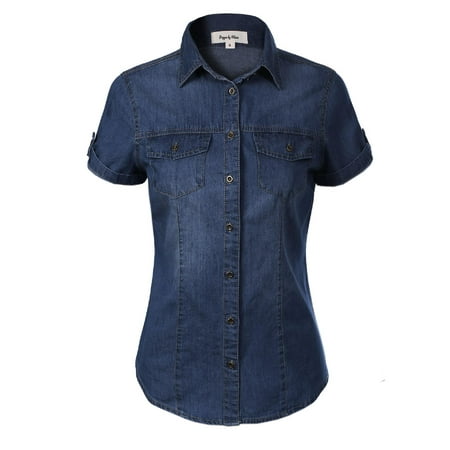Made by Olivia Women's Cap Sleeve Button Down Denim Chambray Shirt Dark Denim (Best Chambray Shirt 2019)