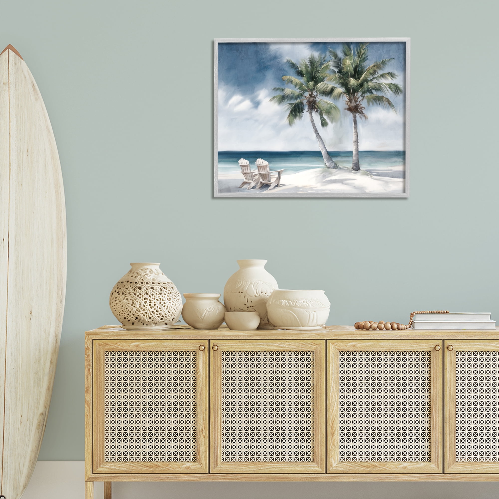 Stupell Industries Peaceful Tropical Landscape Coastal Painting Gray Framed Art Print Wall Art, 30 x 24