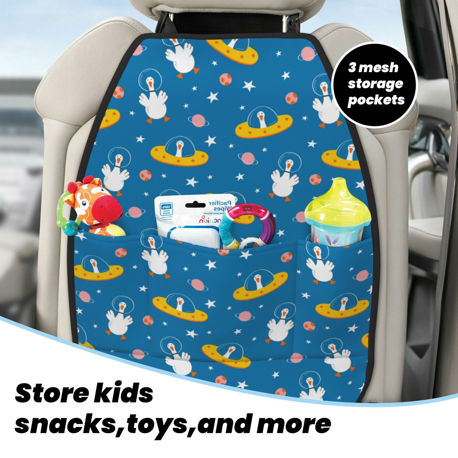 Kdxio Cartoon Goose Print 2 Pack Car Kick Mat Seat Cover Back Protector Mat with Pockets for Organizer Backseat Protector and Storage Anti Kick Pad for Vehicles