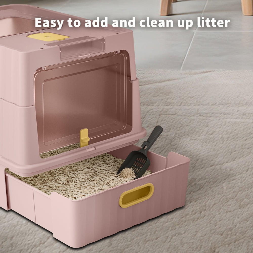 Cat Litter Box + Mat, Drawer-Style Enclosed Large Odor-Control Kitty Toilet with Pull-Out Tray, for Kittens, Big Cats & Multi-Cat Homes, Pink