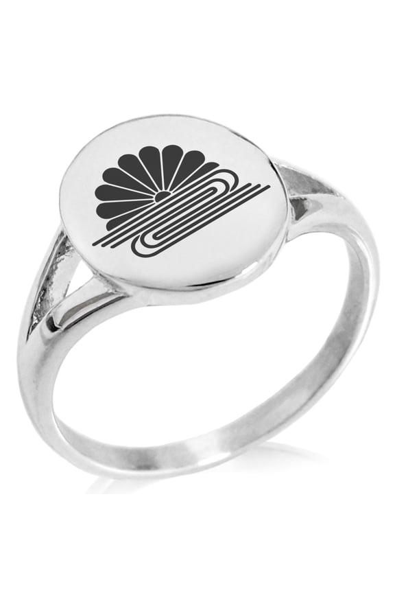 Stainless Steel Kusonoki Samurai Crest Minimalist Oval Top Polished Statement Signet Ring