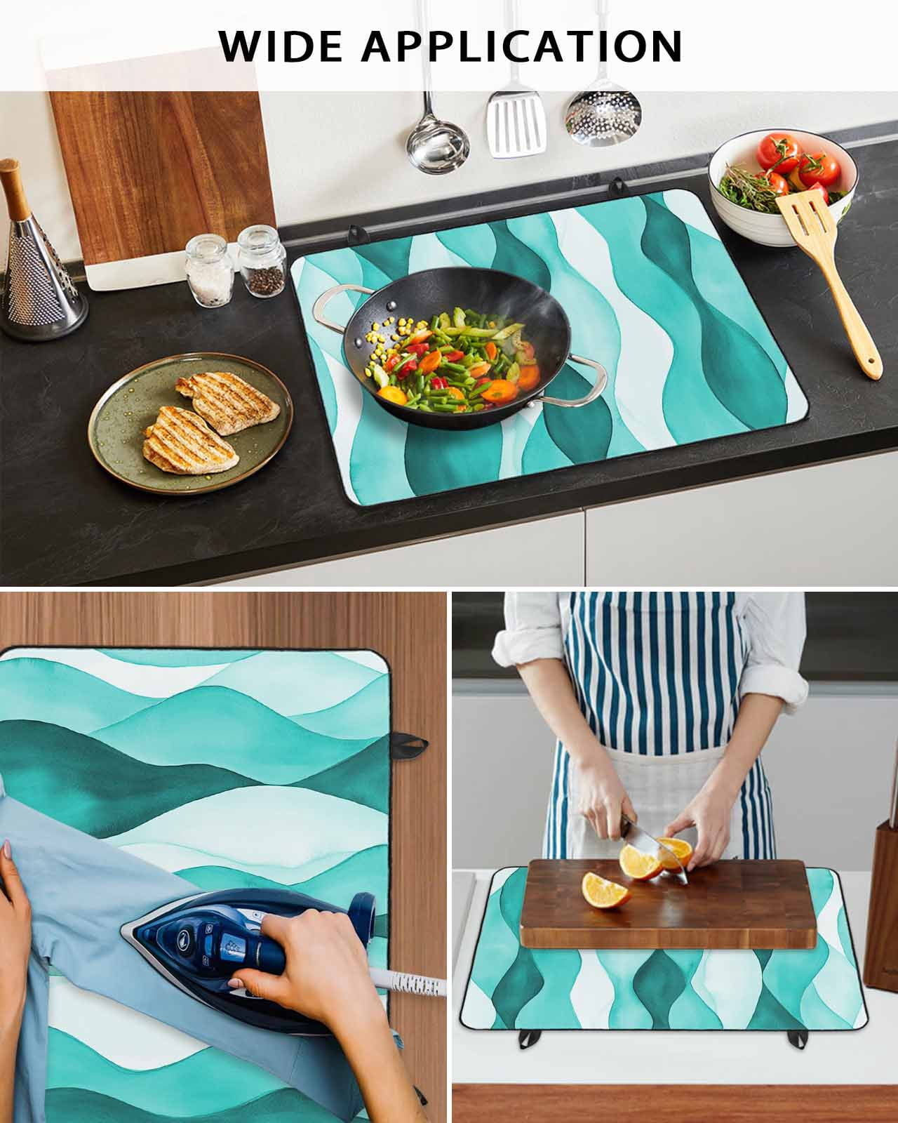 nqOlkjepod Large Induction Cooktop Protector Mat 24"x21", Turquoise Stripes Stove Top Covers for Electric Stove, Vintage Farmhouse Ripple Texture Art Stove Burner Cover Mats, Glass Top Stove Cover