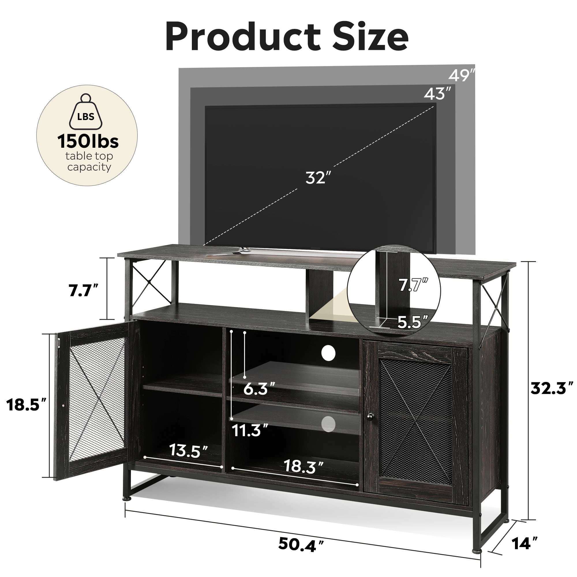 GALAXHERO Tall TV Stand for TVs up to 55", Farmhouse Industrial Entertainment Center with Storage, Media Console for Living Room Bedroom Charcoal Black