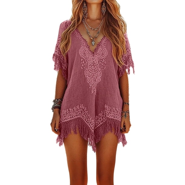 Vestido de Vacaciones en la Playa de la Mujer de la Ropa Relajada Cuello en V Boquilla de Manga Media Impresa Superior, Bohemia Verano Cover-Up