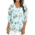 thumbnail image 3 of TaTaai Women's V-Neck Chiffon Shirt Double Layer Three-Quarter Sleeve Loose Blouse Floral Print A-Line Top Breathable Elegant Wear Gift, 3 of 7