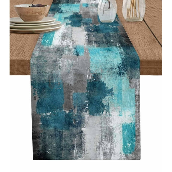 Turquoise Grey Painting Table Runner Cotton Linen 90 Inch Holiday Dresser Scarves, Abstract Street Smear Art Modern Tablerunner for Kitchen Coffee Dining Bedroom Dinner Scarf Décor 13''x90''