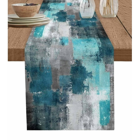 

Turquoise Grey Painting Table Runner Abstract Street Smear Art Modern Tablerunners 13 x 108 Inch Table Decorations Tabletop Scarf for Summer Gathering Holiday Farmhouse Kitchen Dining Decor