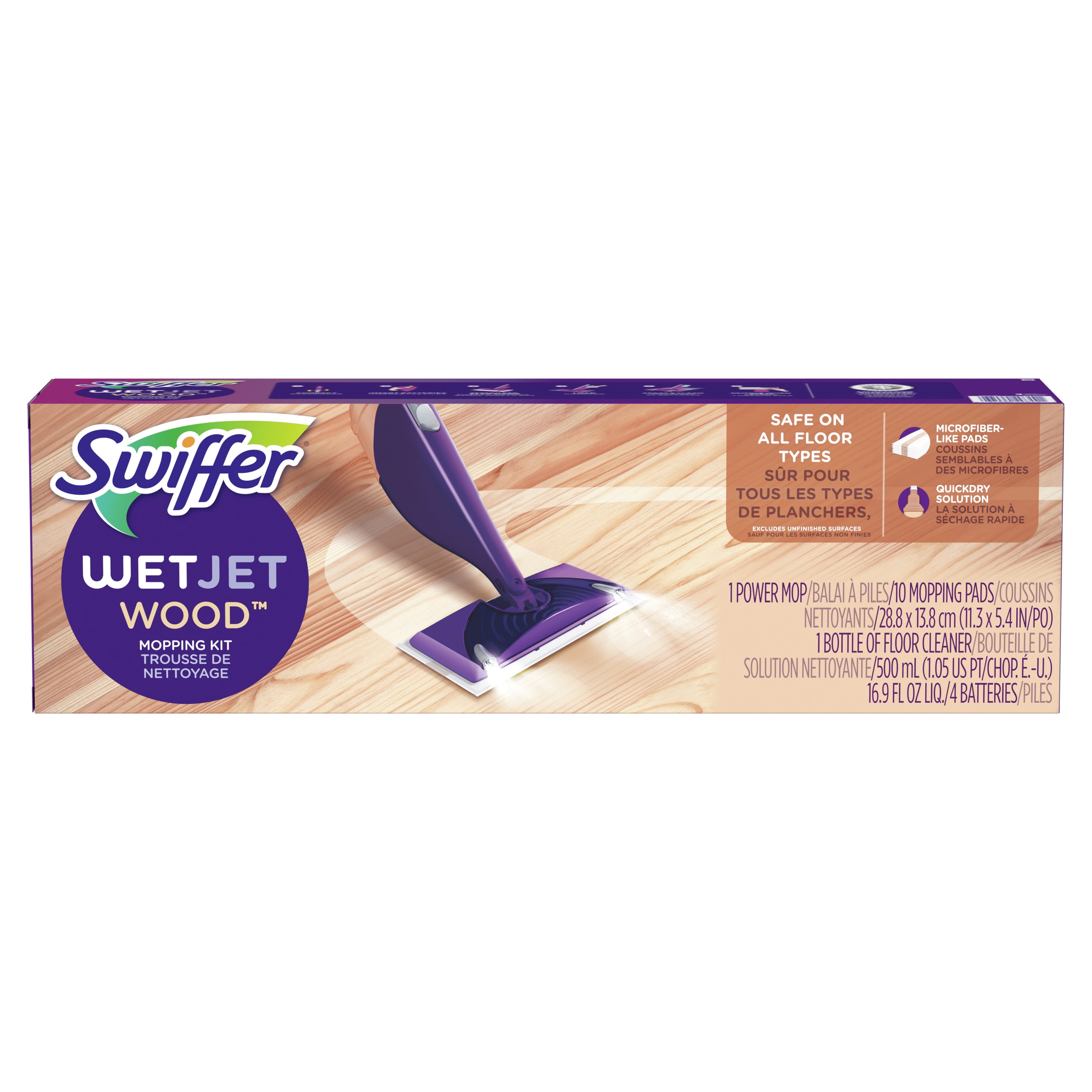 Swiffer WetJet Hardwood and Floor Spray Mop Cleaner Starter Kit, Includes:  1 Power Mop, 10 Pads, Cleaning Solution, Batteries 