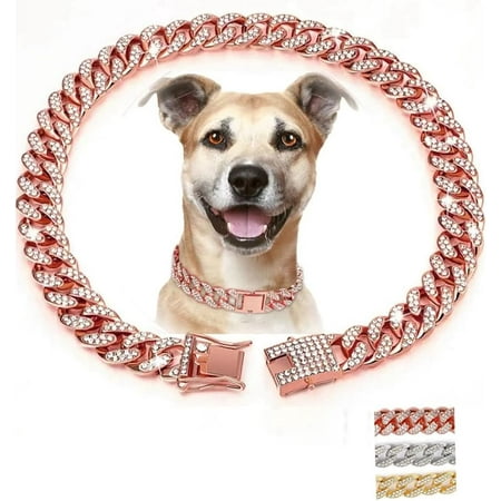 Wellsay Gold Dog Necklace for Large Dogs Dog Chain Collars  Diamond Metal Bling Choke Cuban Link Dog Collar  1m Wide Pet Jewelry for Puppy Small Medium Large Dogs (22inch)