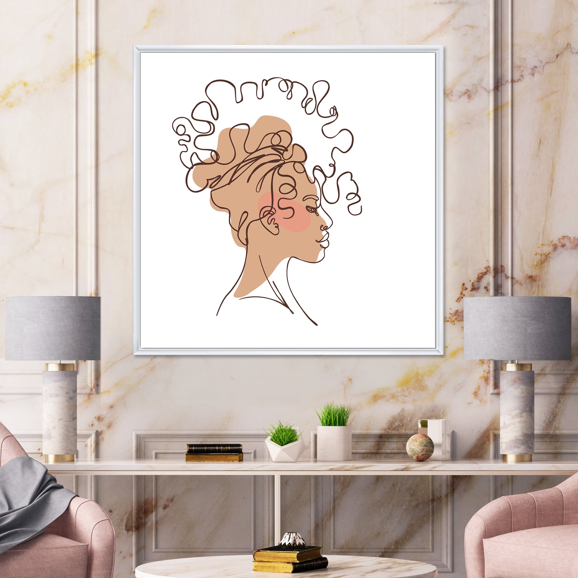 Designart 'One Line Portrait of Afro American Woman I' Modern Framed Canvas Wall Art Print