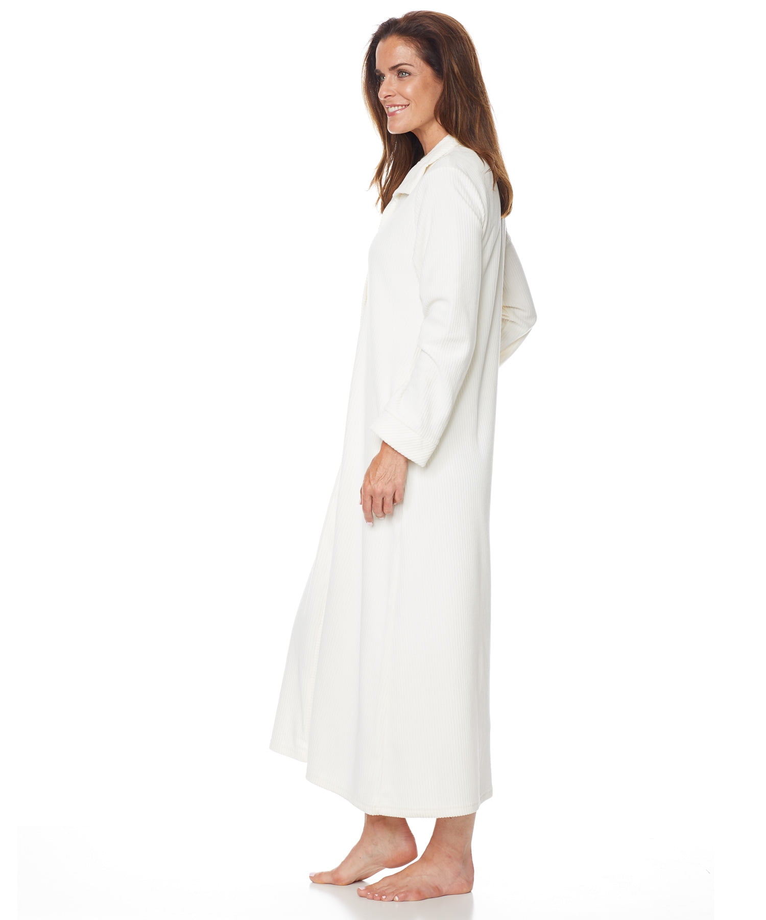 AmeriMark Womens Lightweight Long Bath Robe Lounger Sleepwear with Big  Buttons Ivory MD(10-12)