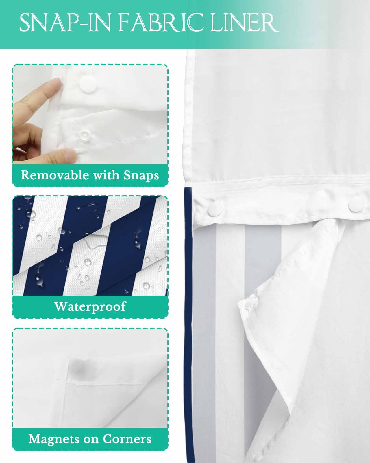 No Hook Shower Curtain with Snap in Liner, Navy Blue and White Striped Geometric Hotel Shower Curtains for Bathroom, Washable Shower Curtain Liner Set with Mesh Top Window, 72"x96"