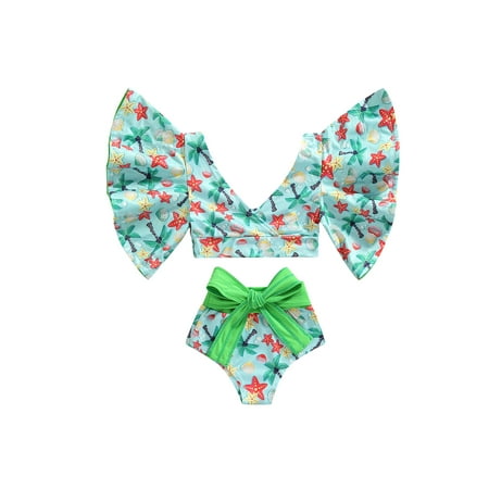 

Qtinghua Toddler Baby Girls Bikini Set Ruffle Flare Sleeve Lemon/Stripe Print Swim Tops+High Waist Shorts Bathing Suit Green 1-2 Years