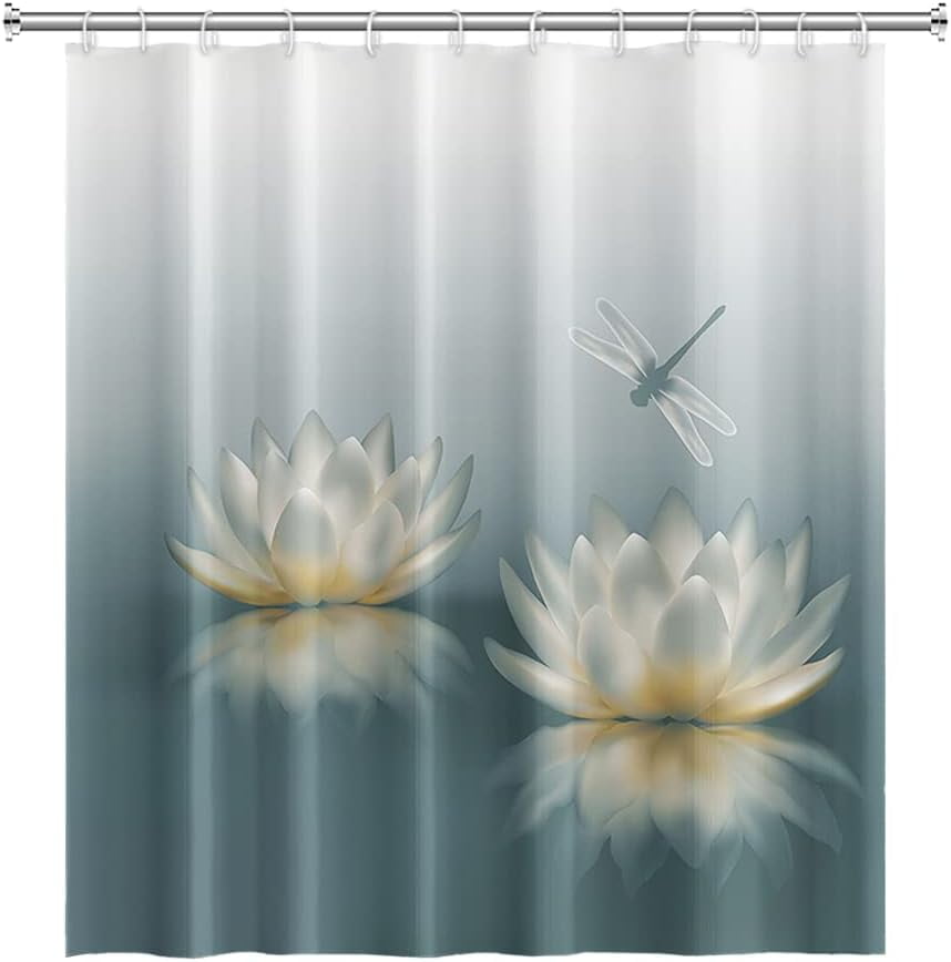 72x72inch Japanese Lotus Shower Curtains for Bathroom Waterlily Floral Blossom Dragonfly Gradient Bath Curtain for Asian Zen Spa Washroom Decoration Waterproof Polyester Fabric with Hooks
