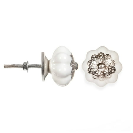 Fancy Double Leaf Knob - Decorative Knob - Ceramic - Fancy - White with Silver Filigree