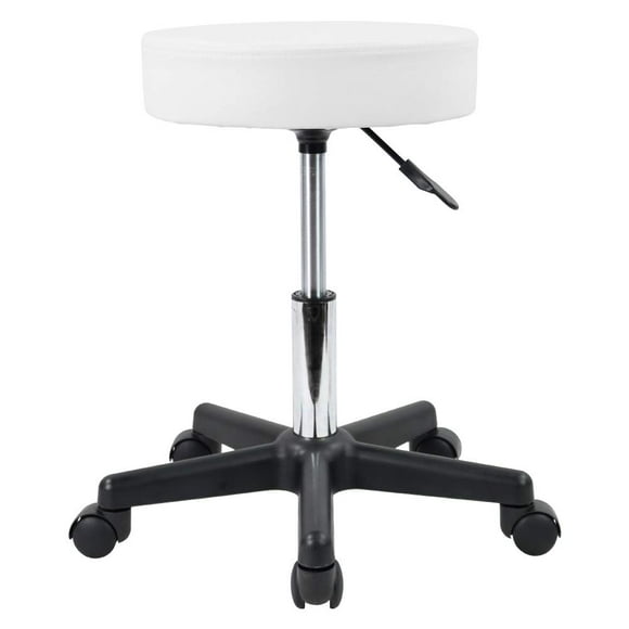 KKTONER Tabouret Rond à Roulettes en Cuir PU, Hauteur Réglable, Pivotant, pour Dessin, SPA, Salon, Tabourets Chaise avec Roues (Blanc)