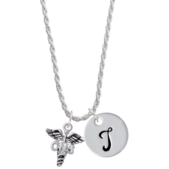 Delight Jewelry Silvertone Caduceus - CNS Silvertone Script Initial Disc - T - Charm Necklace, 20"+3"