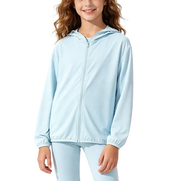 Gfyviroh Girls Sports Outerwear Casual Lightweight Zip-Up Hooded Sun Jacket Soft Stretch Long Sleeve Comfy Jacket for Kids