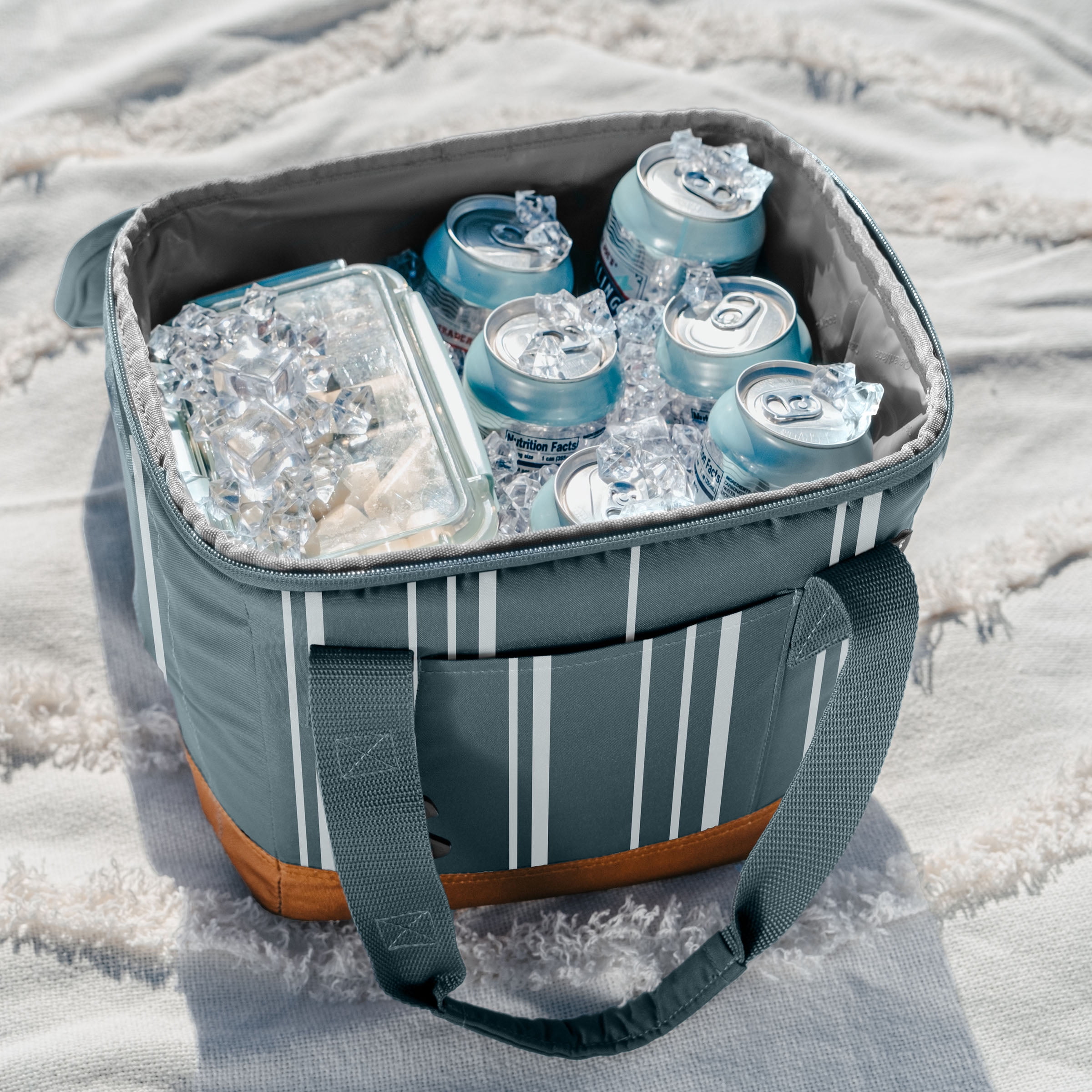 CleverMade Tahoe Collapsible Cooler Bag, 18 Can Capacity, Dusty Teal Striped