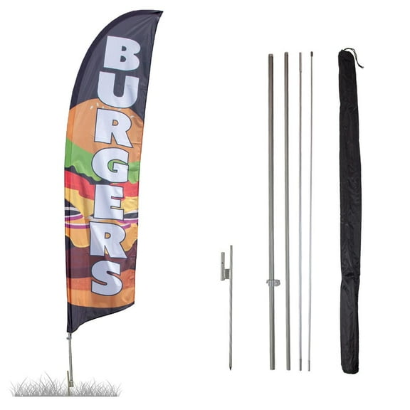 Vispronet Burgers Restaurant Feather Flag, 13.5ft, Pole Set, Ground Stake