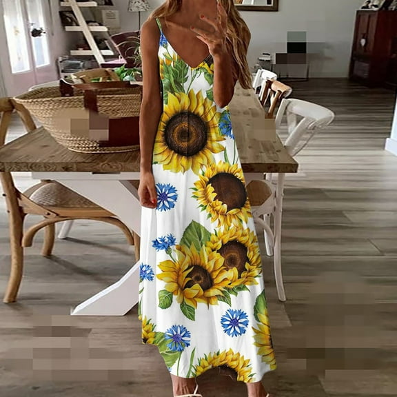 SDJMa Women's Summer Floral Print Dress Women Casual V-Neck Sleeveless Bandage Stripe Printing Loose Vest Sling Long Dress