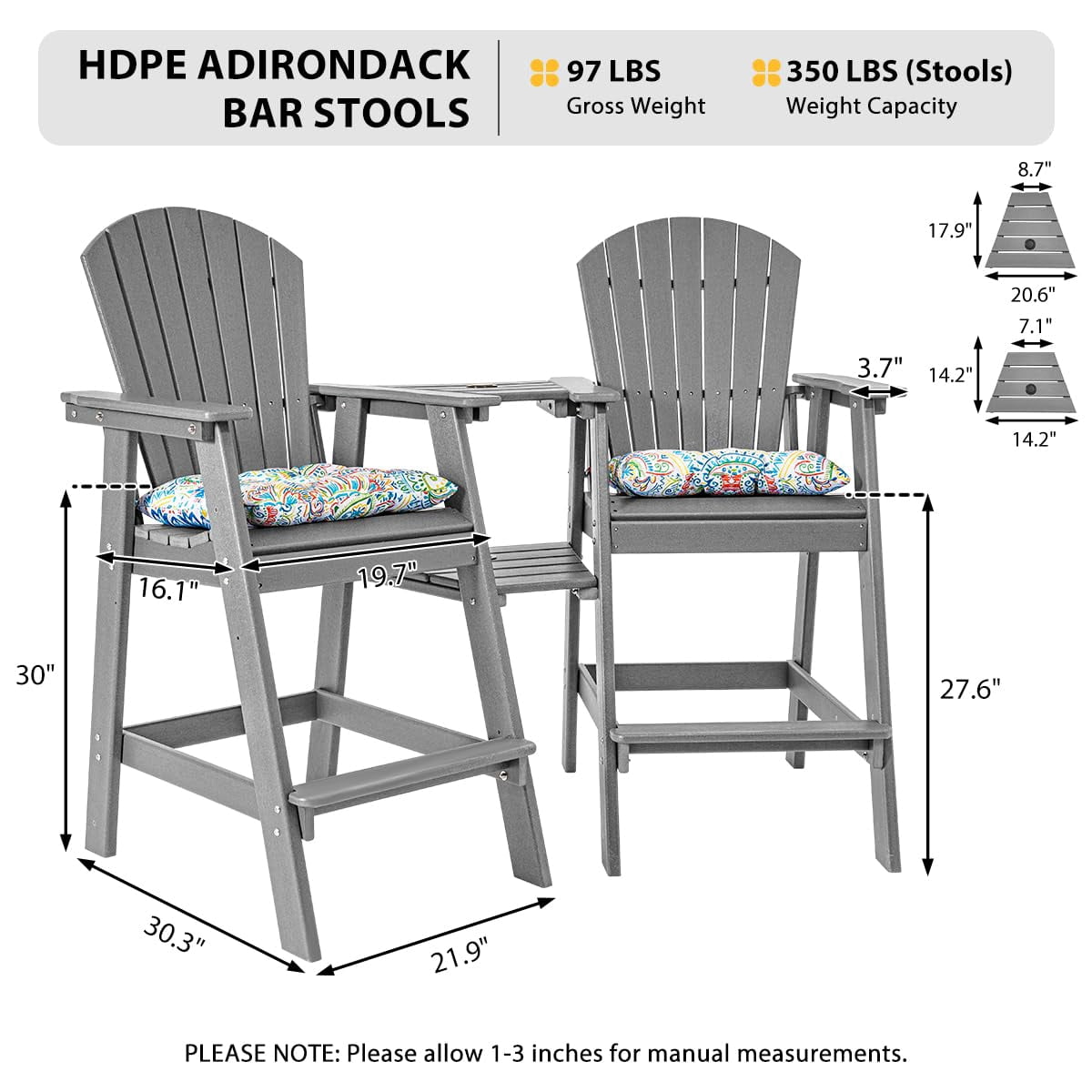 Tall Adirondack Chairs Set of 2 with Table, Patio HDPE Bar Set, 3 PCS Counter Height Dining Bistro Set, Pub Table with Stools, 2 Umbrella Hole Caps, Medium Gray