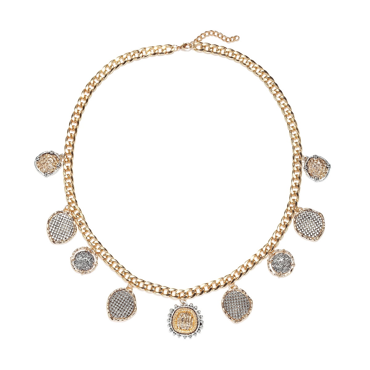 KKLDOGS 14K Gold Plated Chunky Cuban Link Choker, Two-Tone Pave CZ Round Coin Multi Charm Statement Necklace for Women Luxury Party Jewelry