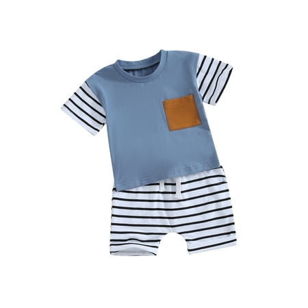 

Lieserram Baby Toddler Boys Shorts Clothes Set 0 6 12 18 24 Months 2T 3T Short Sleeve Crew Neck T-shirt with Striped Shorts Summer Outfit