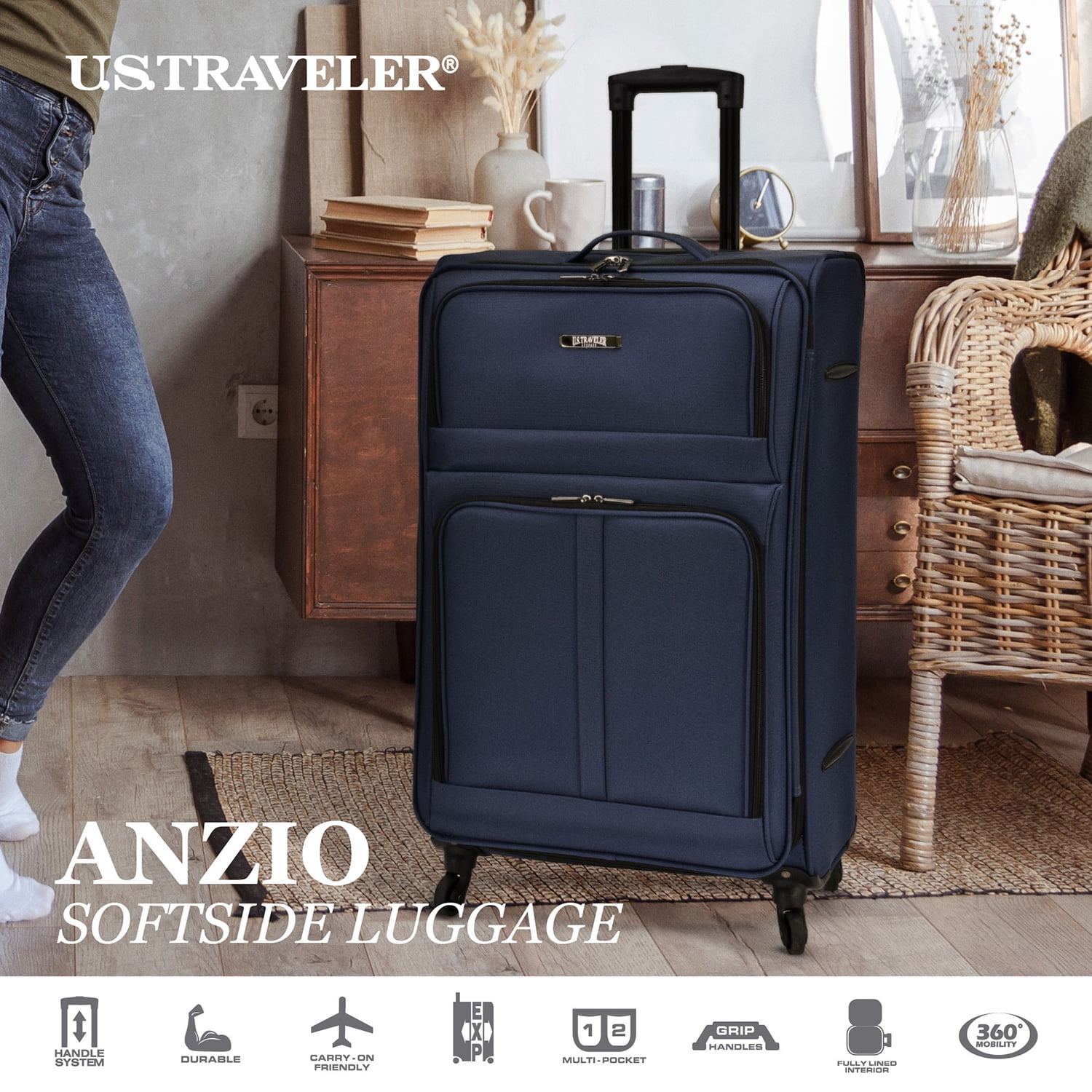 U.S. Traveler Anzio Softside Expandable Spinner Luggage, Navy, 26" Checked Medium