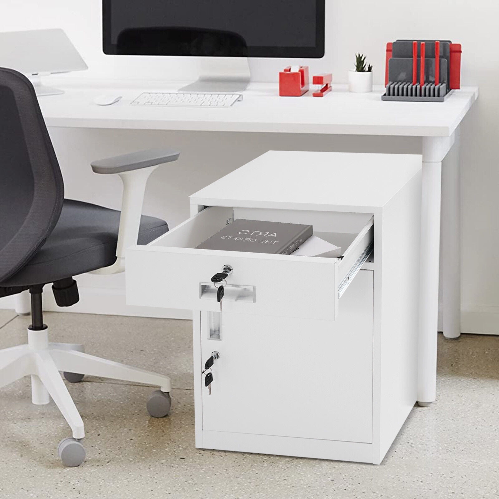 Lockable Storage Cabinet - White Under Desk Office Cabinet, Vertical File Organizer with Lock, Compact File Storage for Home, Office, and Workspace Organization