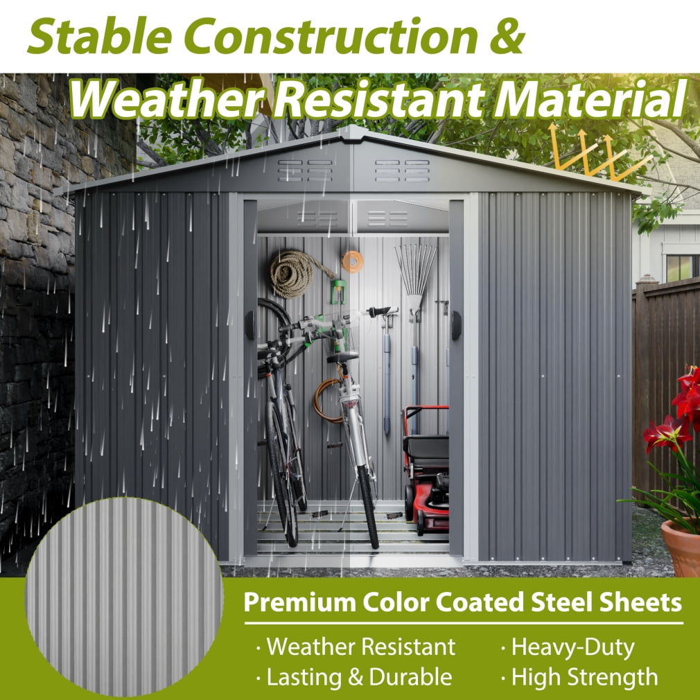 8X6 FT Outdoor Storage Shed, Metal Tool Shed & Outdoor Storage with Lockable Door and Vents Ideal for Bicycles, Tools, Lawnmowers, Backyards, Patios, Lawns
