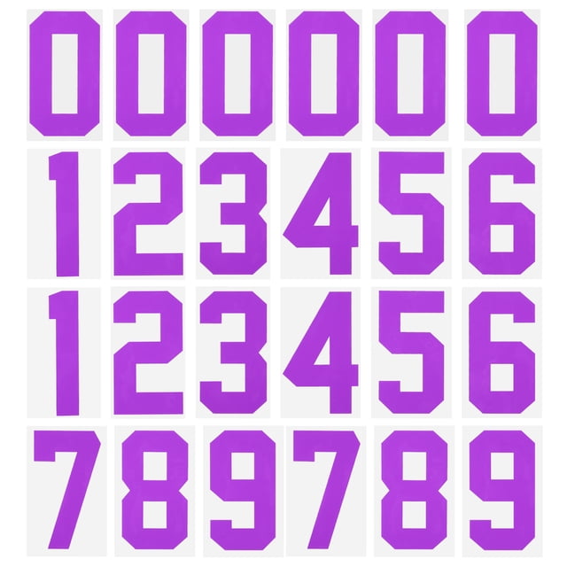 termoadhesivos números 0 a 9 unique bargains calor transferencia 8' púrpura paquete de 24 — Paquete de 24 parches numéricos morado oscuro en vinilo termotransferible, números 0–9 en estilo deportivo anguloso dispuestos en filas; cada pieza aprox. 20 cm x 11.5 cm (8" x 4.53"), se aplican con plancha a 150°C (302°F), ideales para personalizar camisetas y uniformes y aptos también para manualidades escolares.
