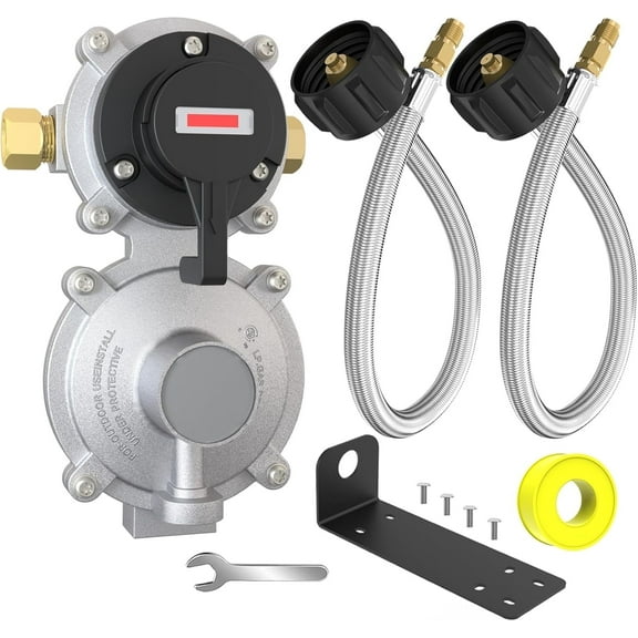 2-Stage Automatic Changeover LP Propane Gas Regulator with Two 18" RV Pigtail Propane Hoses, CSA Certification, Braided QCC1 1/4" Inverted Male Flare Propane LP Gas Regulator for RV Camper Trailer
