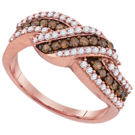10kt Rose Gold Womens Round Cognac-brown Colored Diamond Crossover Band Ring 3/4 Cttw