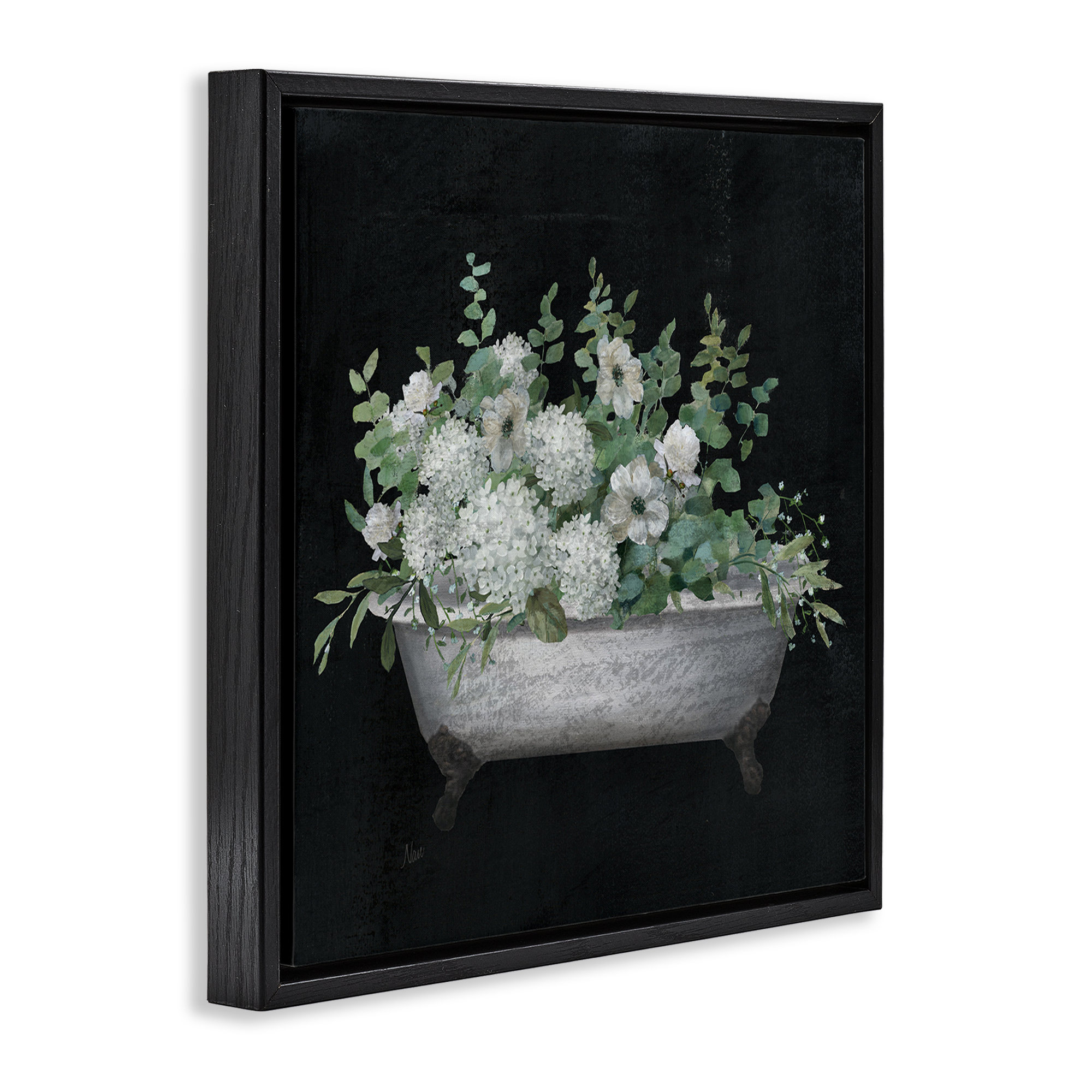 Stupell Industries Floral Bath on Black Typography Painting Black Floater Framed Canvas Art Print Wall Art, 25 x 25