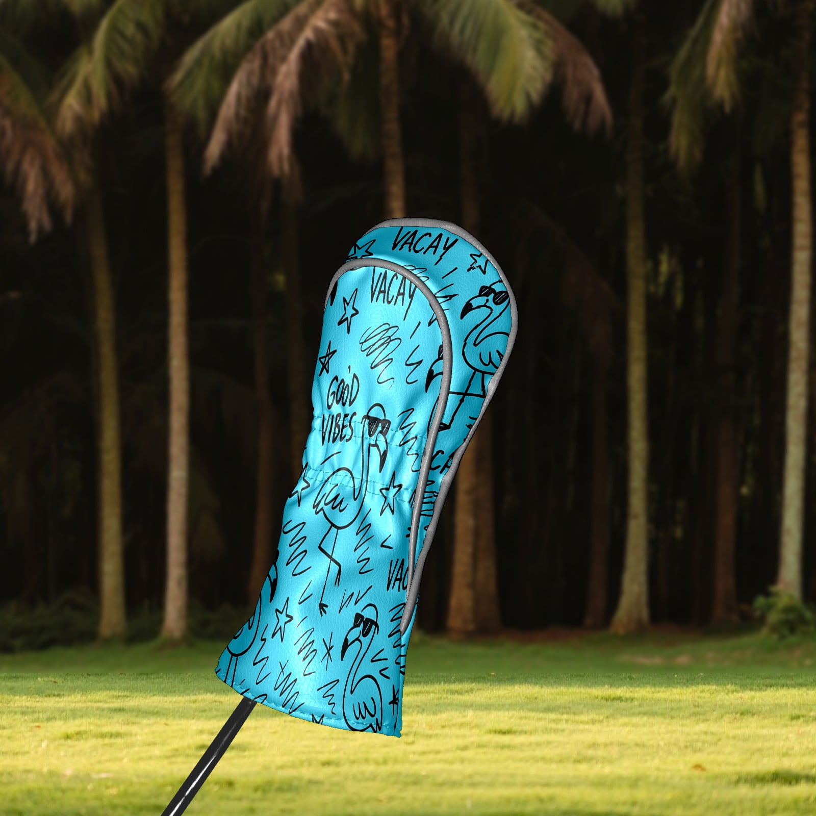 Golf Club Head Covers - Blue Flamingos Vacay Design, Premium PU Leather Driver Hybrid Headcovers with Velvet Lining, Waterproof Golf Gifts for Men Women