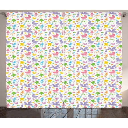 - Baby Curtains 2 Panels Set, Stork with Newborn Bunny Toys Milk Bottles Infant Item Silhouettes Stroller Cartoon, Window Drapes for Living Room Bedroom, 108W X 108L Inches, Multicolor, by Ambesonne