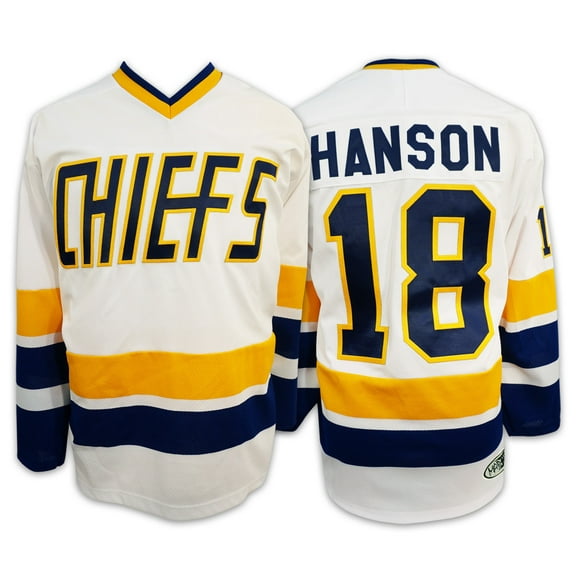 18 Jeff HANSON brothers Charlestown Chefs SlapShot Maillots de Hockey Blanc