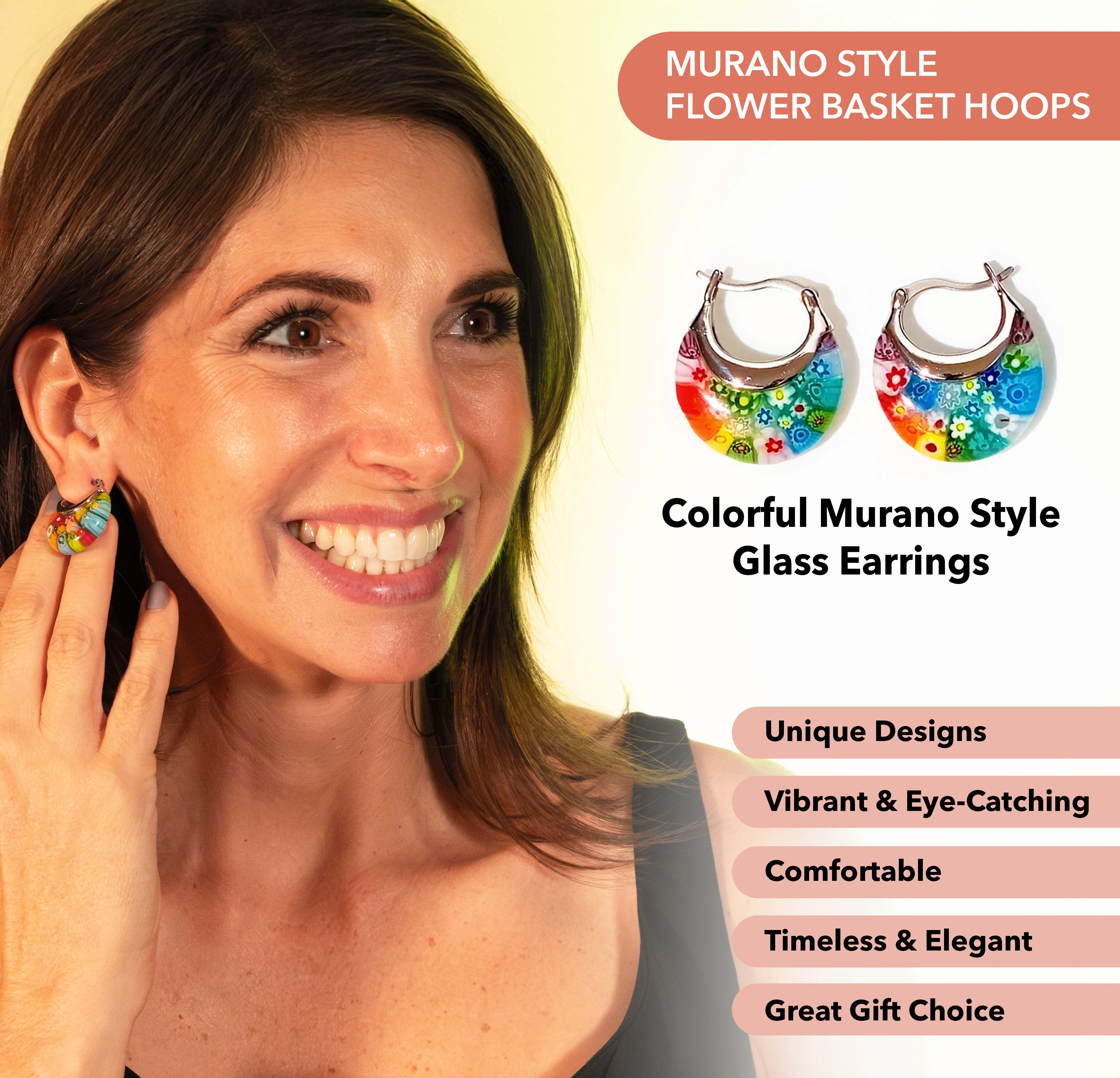 Murano Style Glass Hoop Earrings for Women Daisy Flower Stainless Steel Dangle Fun Vibrant Colorful Teacher Glass Jewelry Unique Anniversary 11.6 Gms Birthday Christmas Gifts
