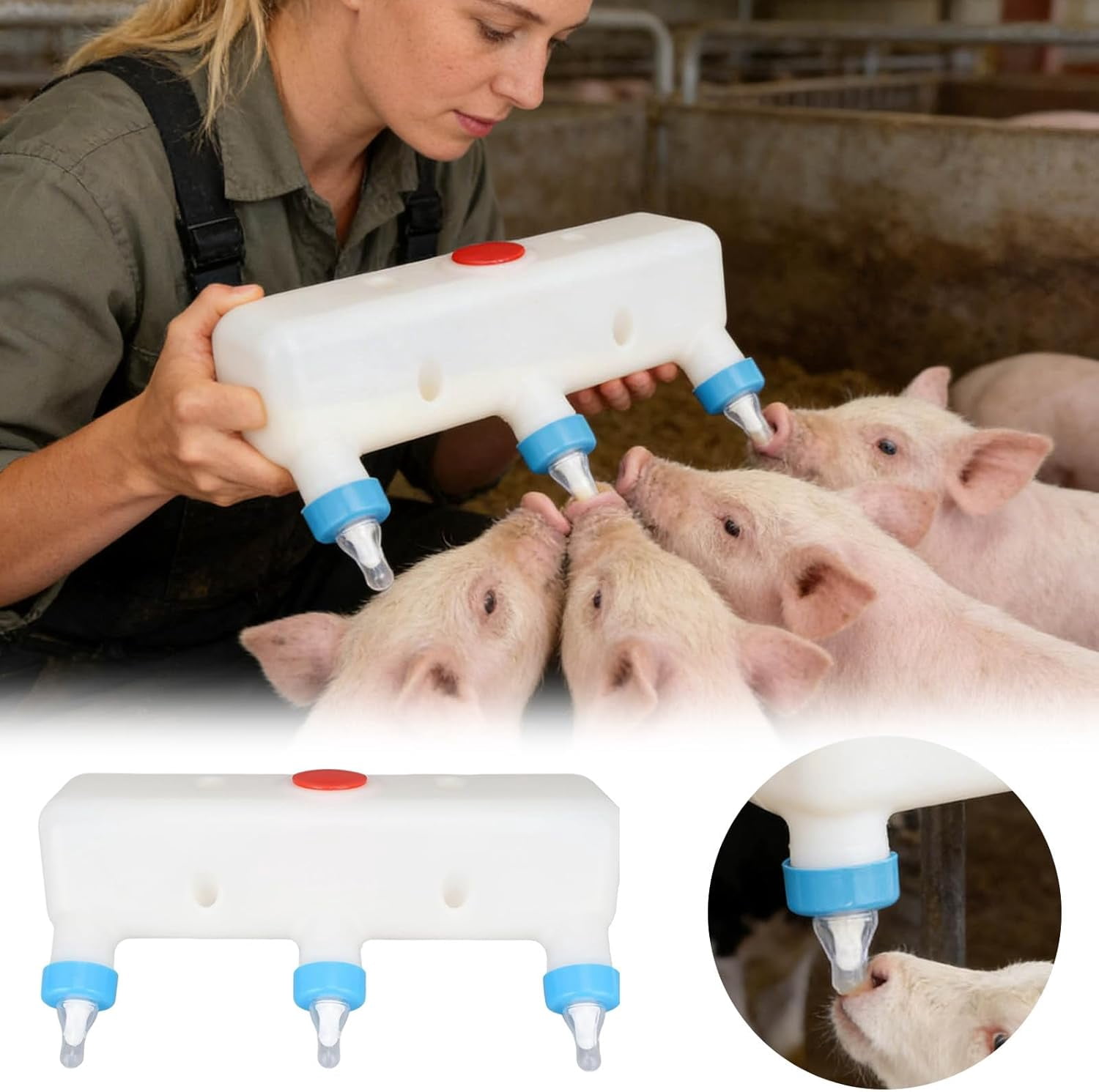 Farm Animal Feeder with 3 Nipple Spouts, 3 Liter Thickened Drinking Bottle, Can be Hung Upside Down, Suitable for Lambs and Piglets