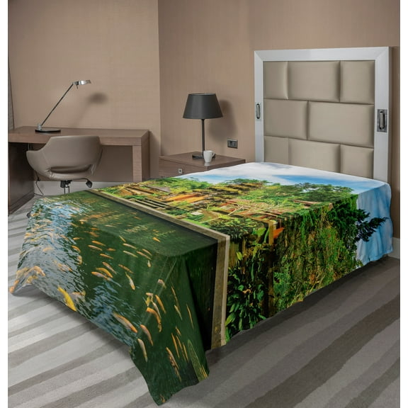 Ambesonne Exotic Flat Sheet, Oriental Fish Lake Sea, TwinXL Size, Yellow Green