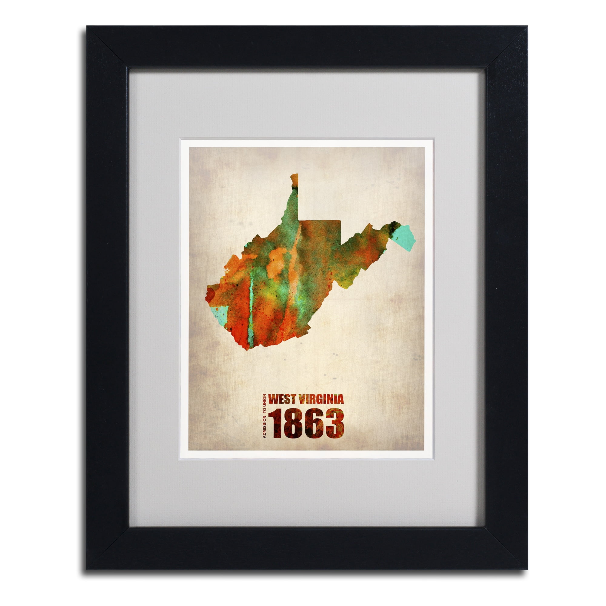 Trademark Fine Art "West Virginia Watercolor Map" Matted Framed Art by Naxart, Black Frame