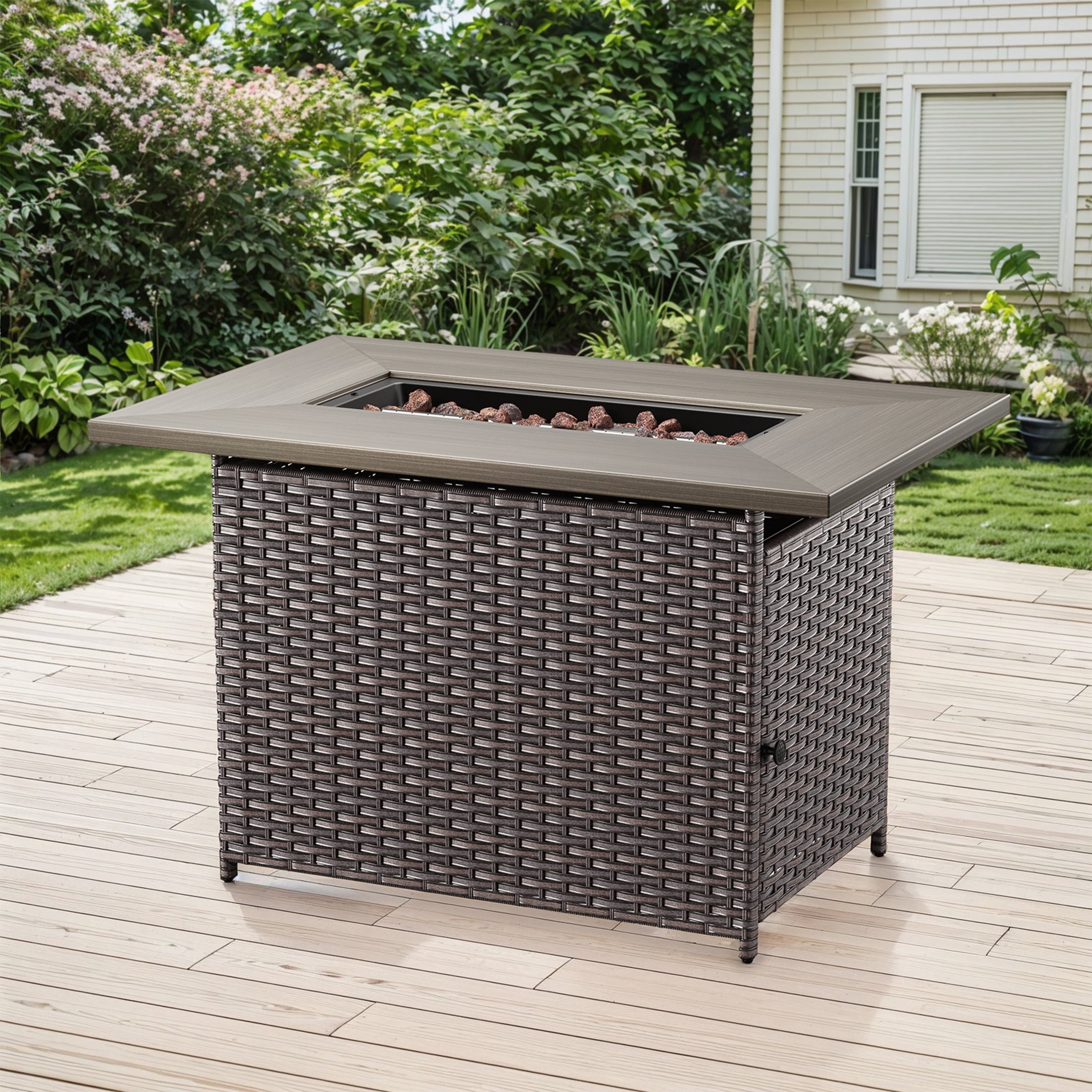 POCASSY 41" Propane Fire Pit Table - 50,000 BTU Metal Fire Pit with Removable Lid, Metal Table Top, for Porch Deck Garden, Brown