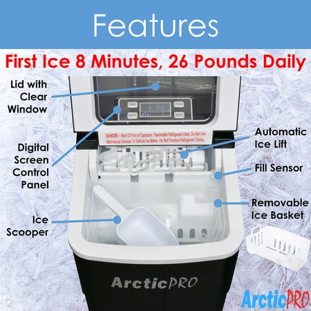 PORTABLE DIGITAL ICE MAKER MACHINE by Arctic-Pro with Ice Scoop, First Ice in 6-8 Minutes, 26 Pounds Daily, Great for Kitchens, Tailgating, Bars, Party, Small/Large Cubes, Black, 11.5x8.7x12.5 Inches