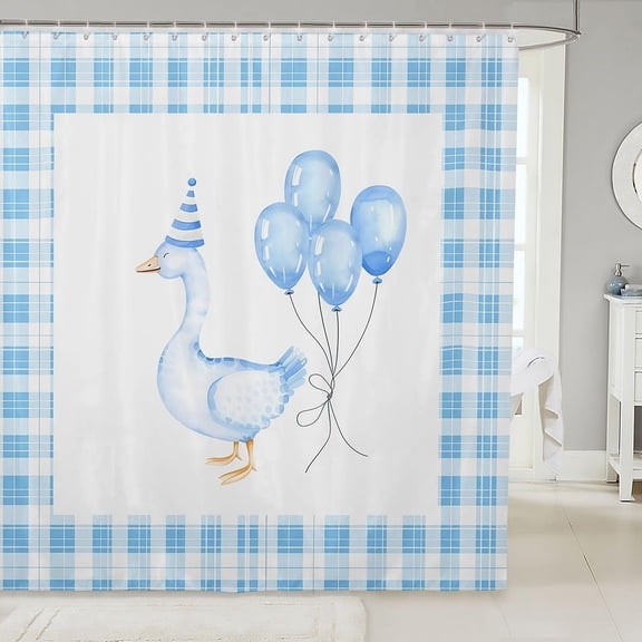 Blue Plaid Birthday Duck Shower Curtain with Balloons 71x71 inches