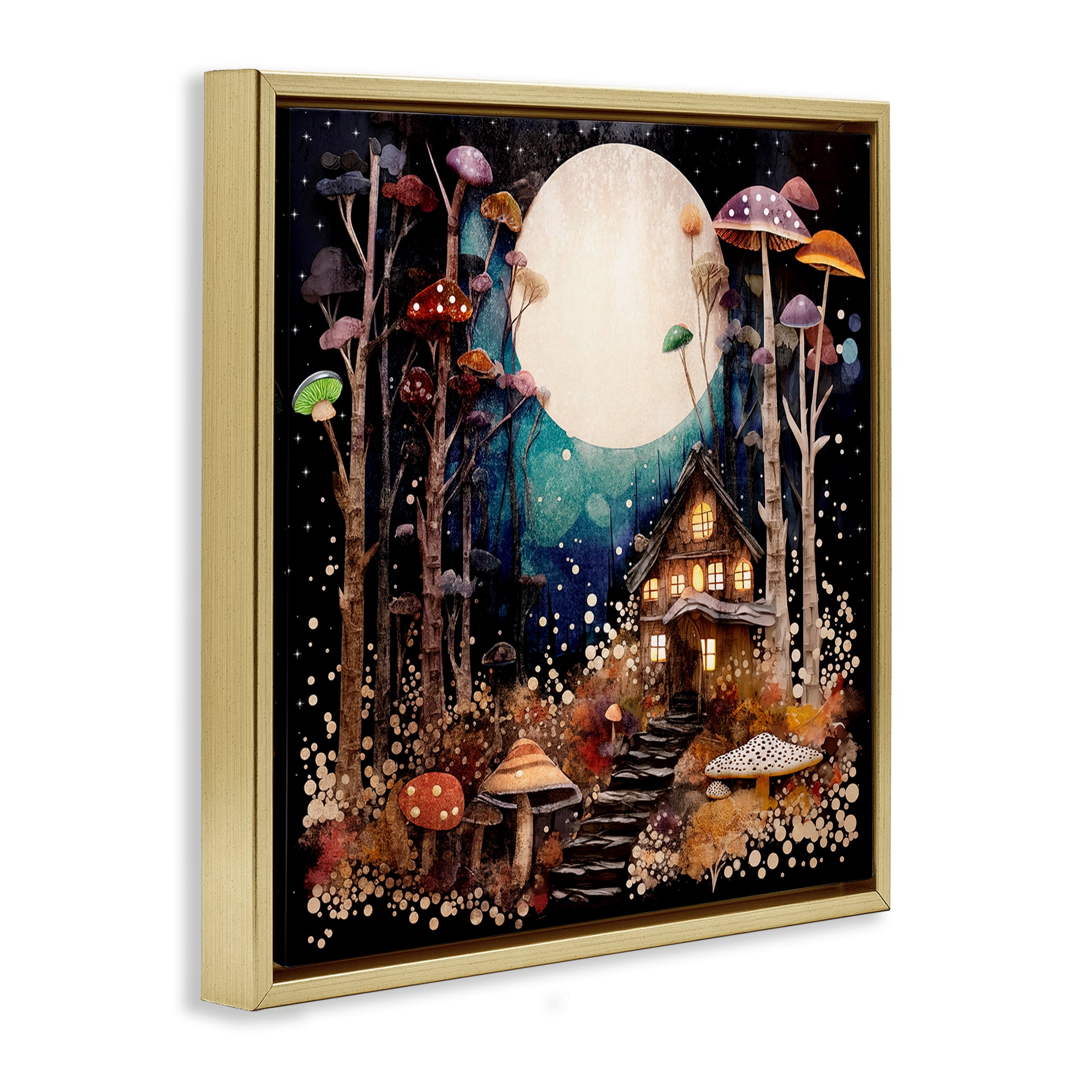 Stupell Industries Whimsical Mushroom Cottage Landscape & Nature Painting Gold Floater Framed Canvas Art Print Wall Art, 18 x 18