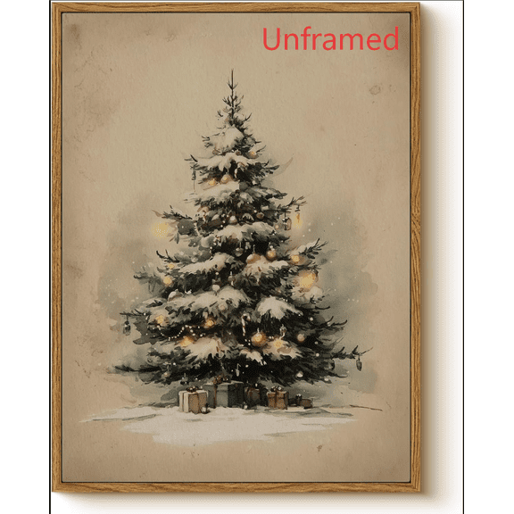 Drmagihm 12x16 Unframed Christmas Tree Wall Art, Vintage Snowy Winter Canvas Print with Presents, Rustic Holiday Picture for Living Room Decor