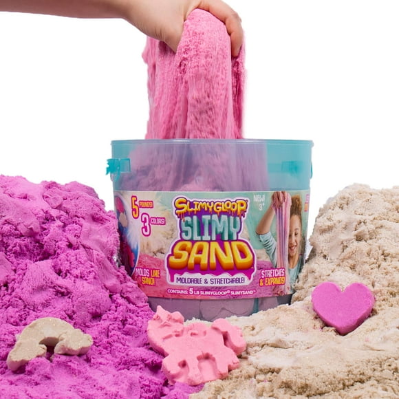 SlimySand Bucket, 5 Pounds of SlimySand in Purple, Pink and White Glitter, 3 Molds, Bucket is Reusable for Storage. Super Stretchy & Moldable!