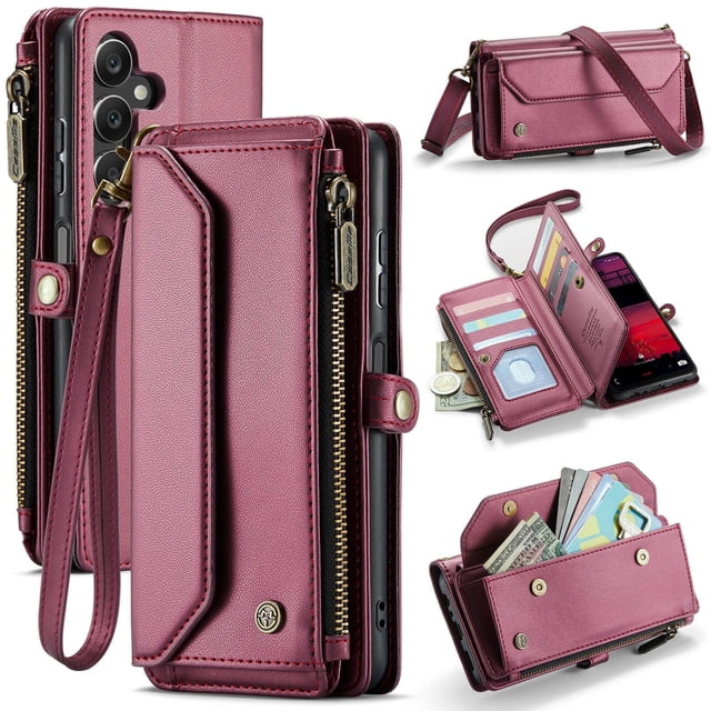 Funda tipo cartera para Samsung Galaxy A16 con bloqueo RFID, tarjetero, cremallera y ranura para billetes, correa de hombro magnética de piel sintética suave para Samsung Galaxy A16